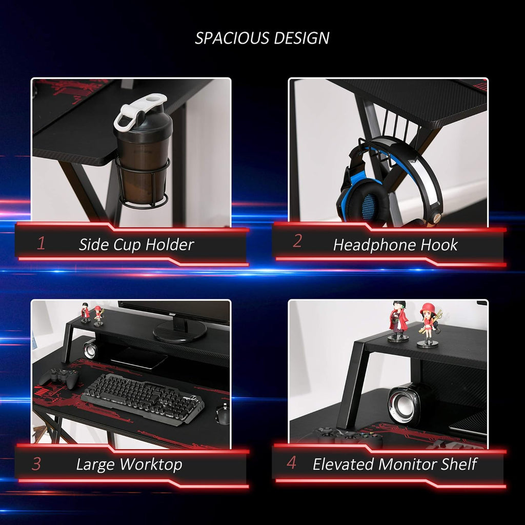 Black Carbon Fiber Style Gaming Desk with Elevated Monitor Shelf B5385