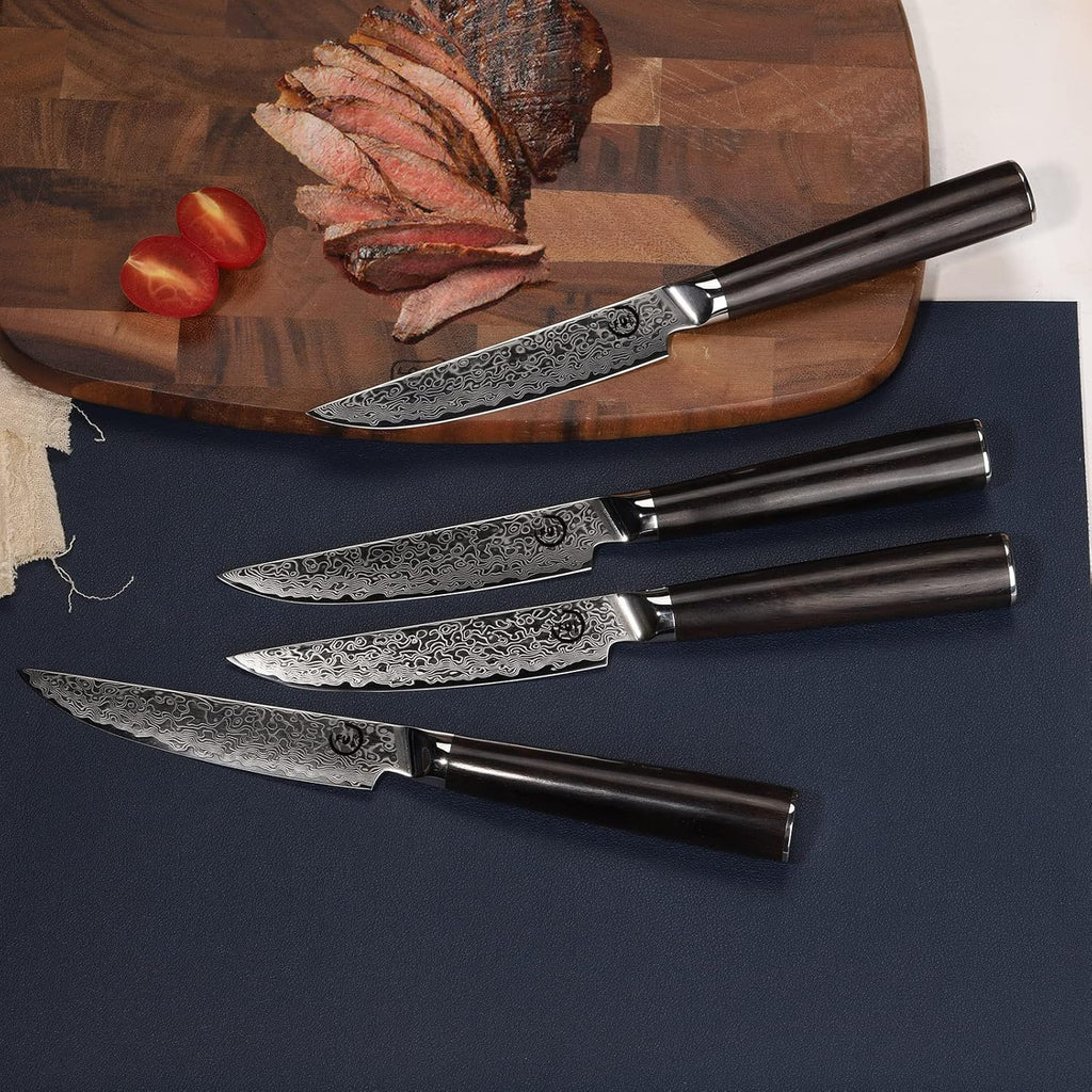 Set of 4 Non-Serrated Damascus Steak Knives with Case R68890