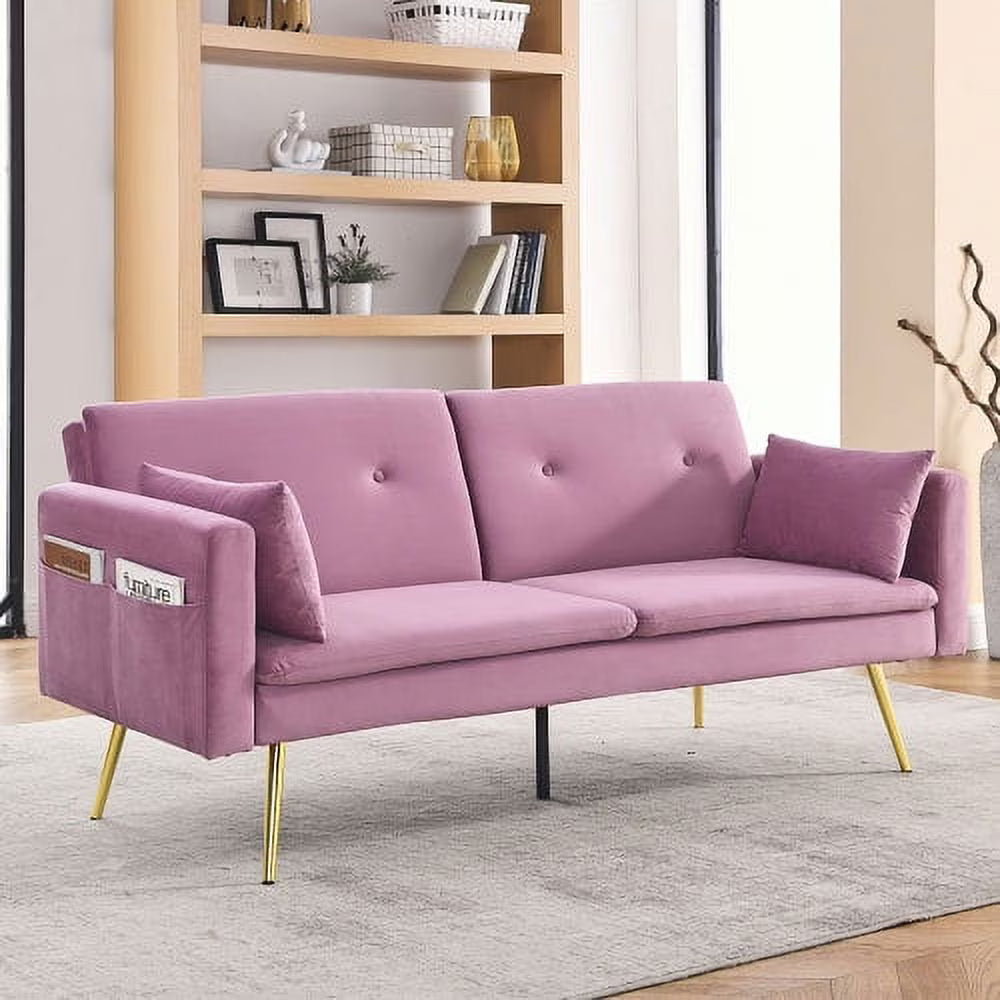 Convertible Velvet Sofa Bed with Two Pillows and Center Leg X9548