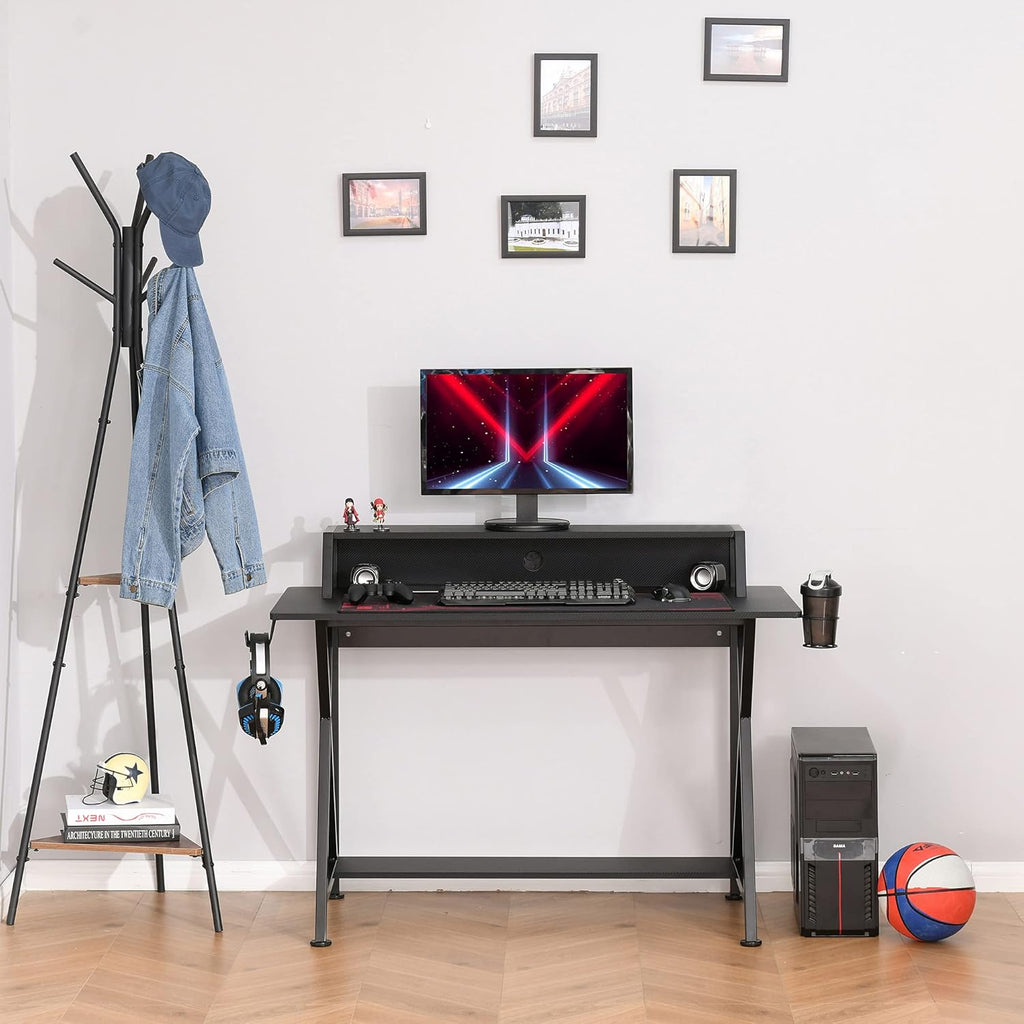 Black Carbon Fiber Style Gaming Desk with Elevated Monitor Shelf B5385
