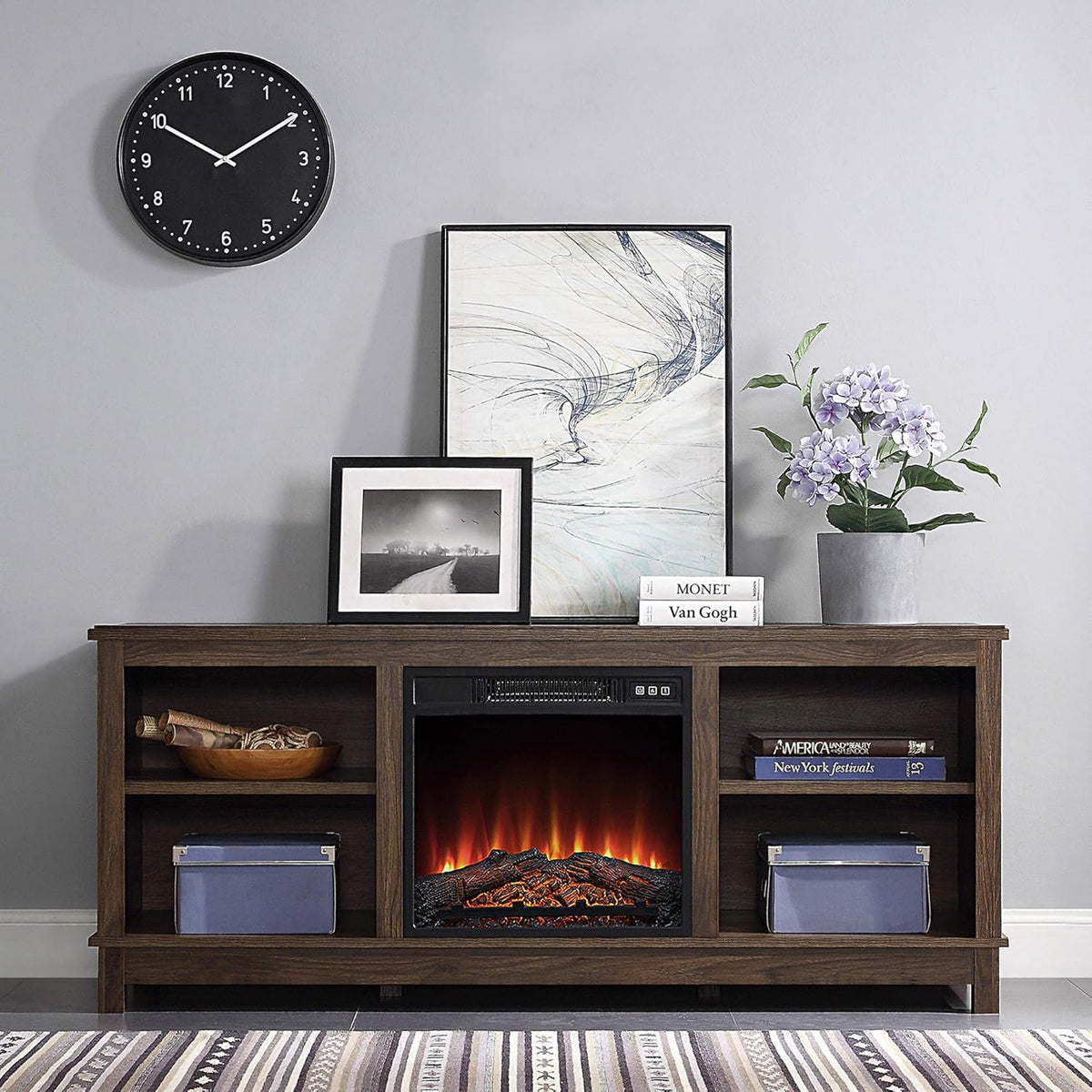 Gray Wash TV Stand with Wood Glass Storage Cabinets G4573