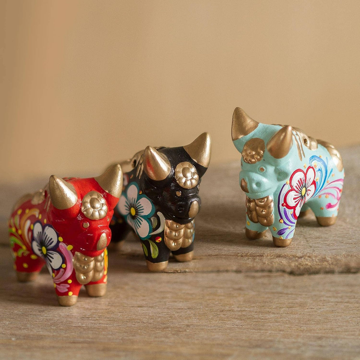 Red Black Turquoise Hand Painted Floral Ceramic Bull Figurines, Set of 3 C230820