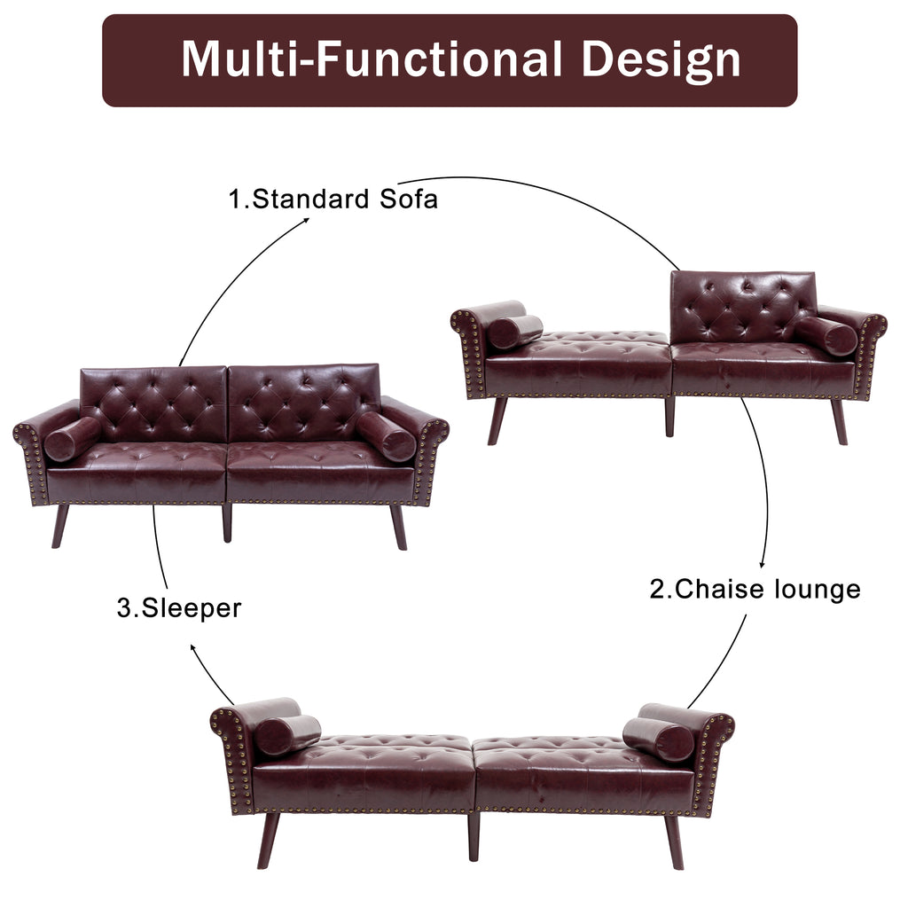 Brown PU Leather Convertible Sofa Bed Loveseat with 2 Pillows G858