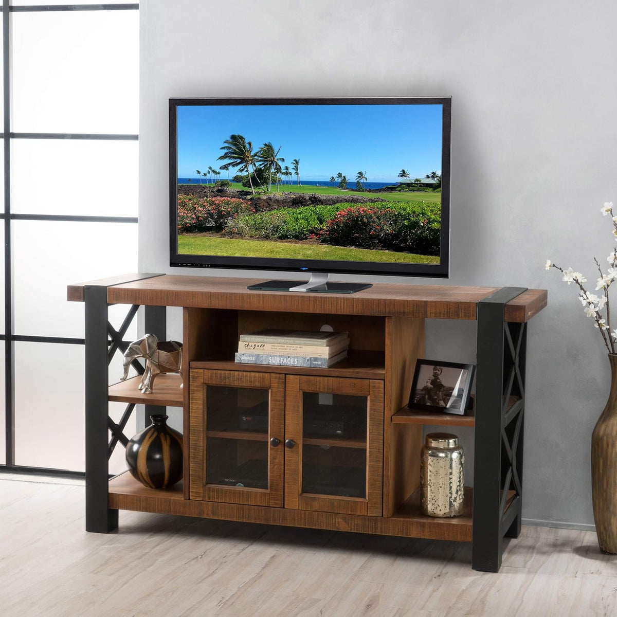 Natural Wood TV Console with Cabinets S565