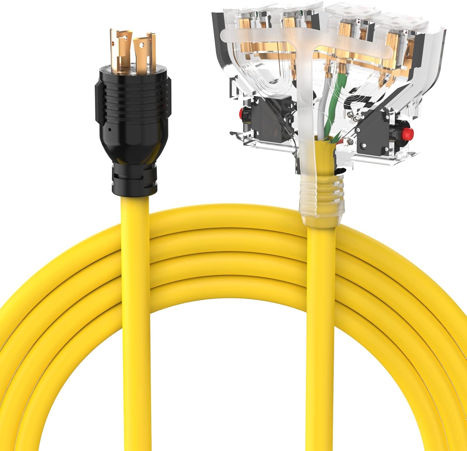 30A 125V 3750 Watts Generator Power Extension Cord NEMA L5-30P to Three 5-20R Receptacles 25 Feet 10 Gauge SJTW Pack of 2 M587
