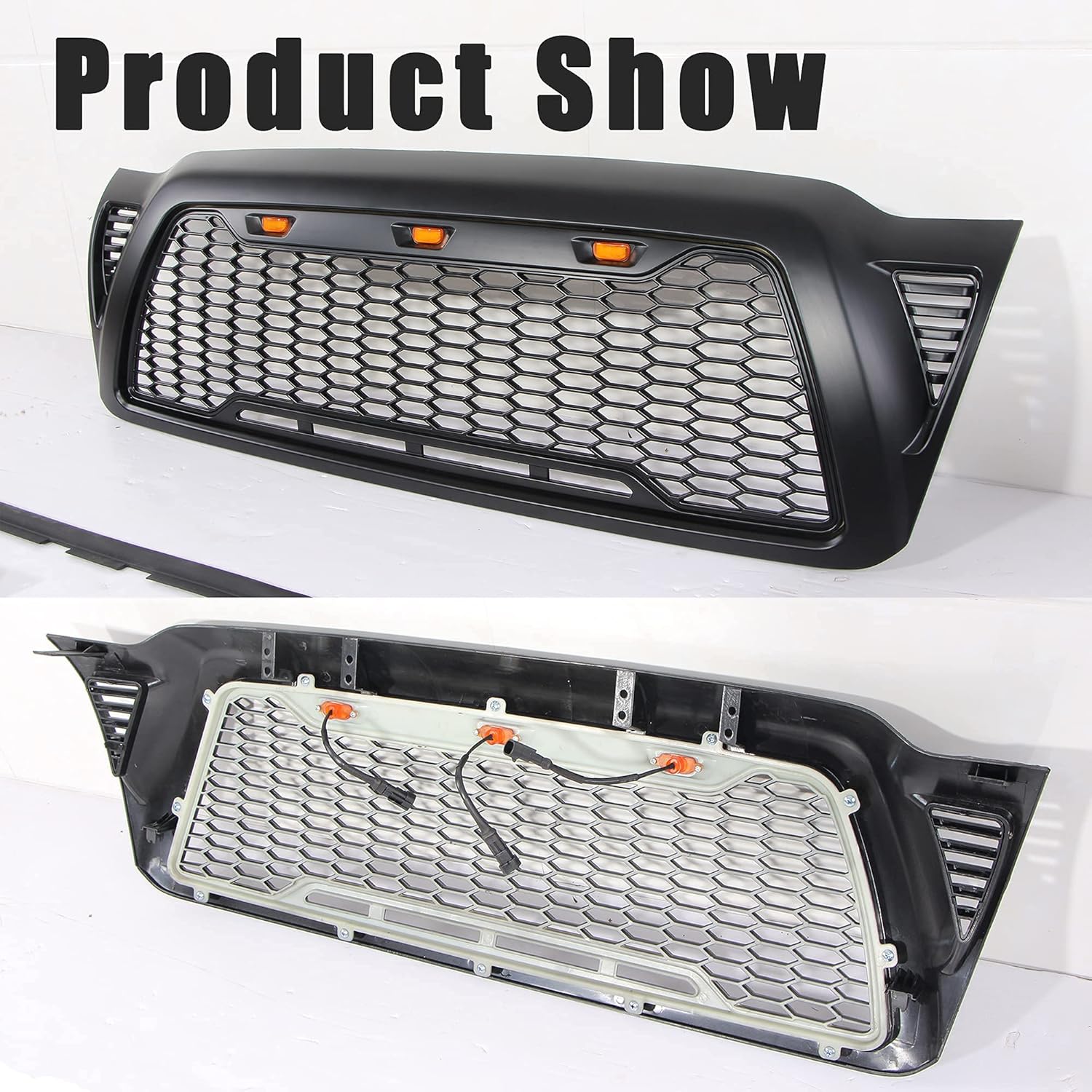 Matte Black ABS Plastic Tacoma Grill with 3 Amber Lights B412