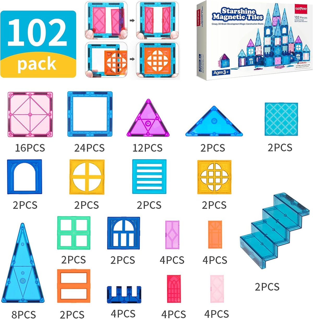 Magnetic Tiles 102Pcs Building Blocks Toy Castle Kit L80269