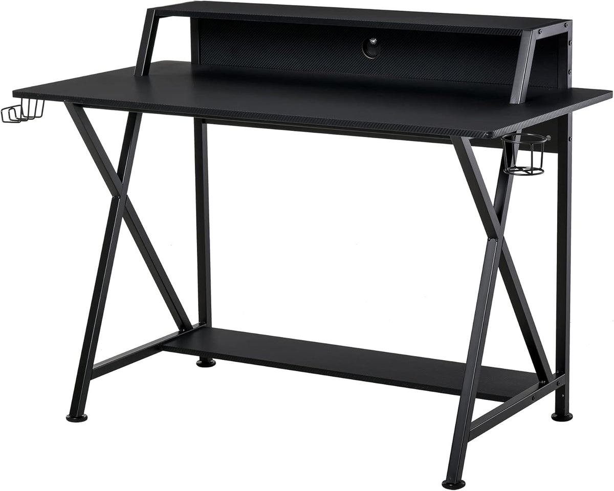 Black Carbon Fiber Style Gaming Desk with Elevated Monitor Shelf B5385