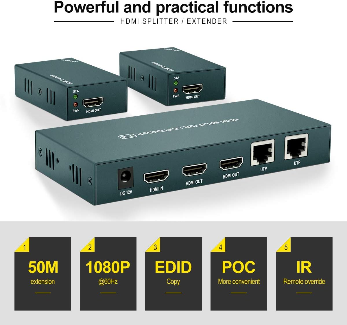 HDMI Extender Splitter 1x2 with IR, 1080P@60Hz, 165ft (50m) over CAT5e/CAT6/CAT7, 2 HDMI Loop Out I136055