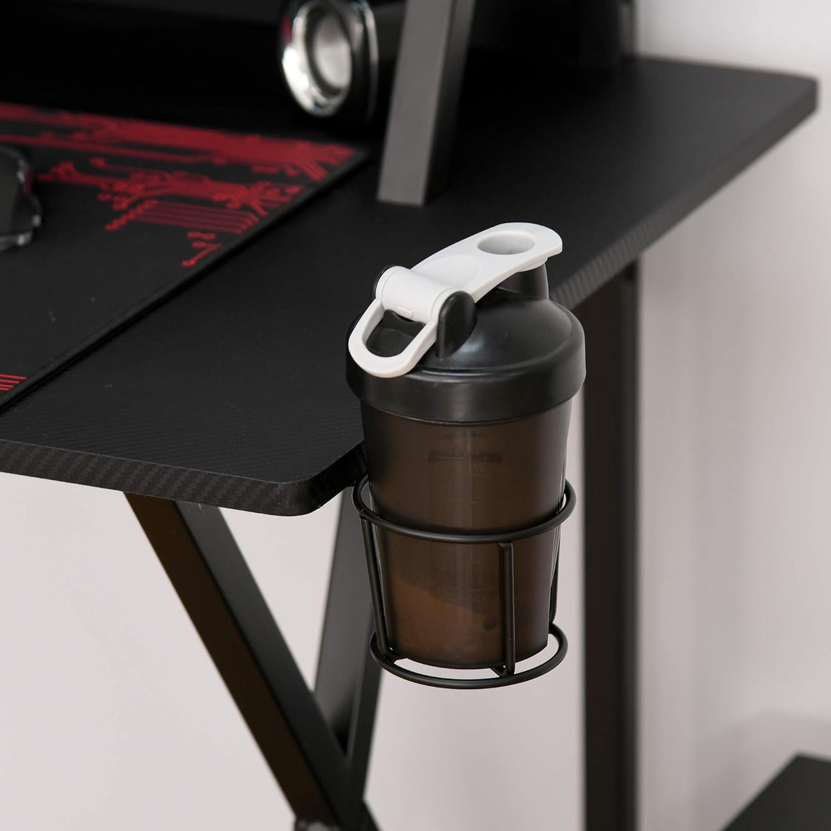 Black Carbon Fiber Style Gaming Desk with Elevated Monitor Shelf B5385