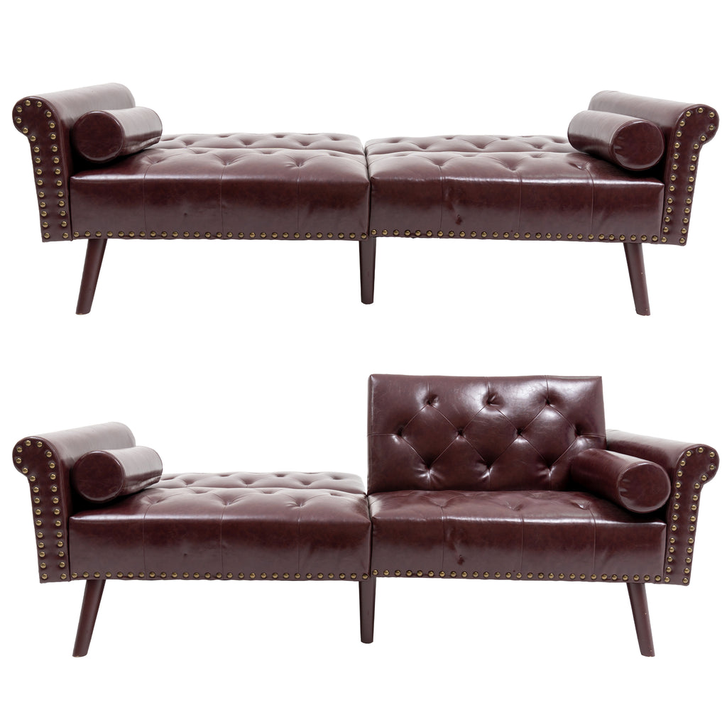 Brown PU Leather Convertible Sofa Bed Loveseat with 2 Pillows G858