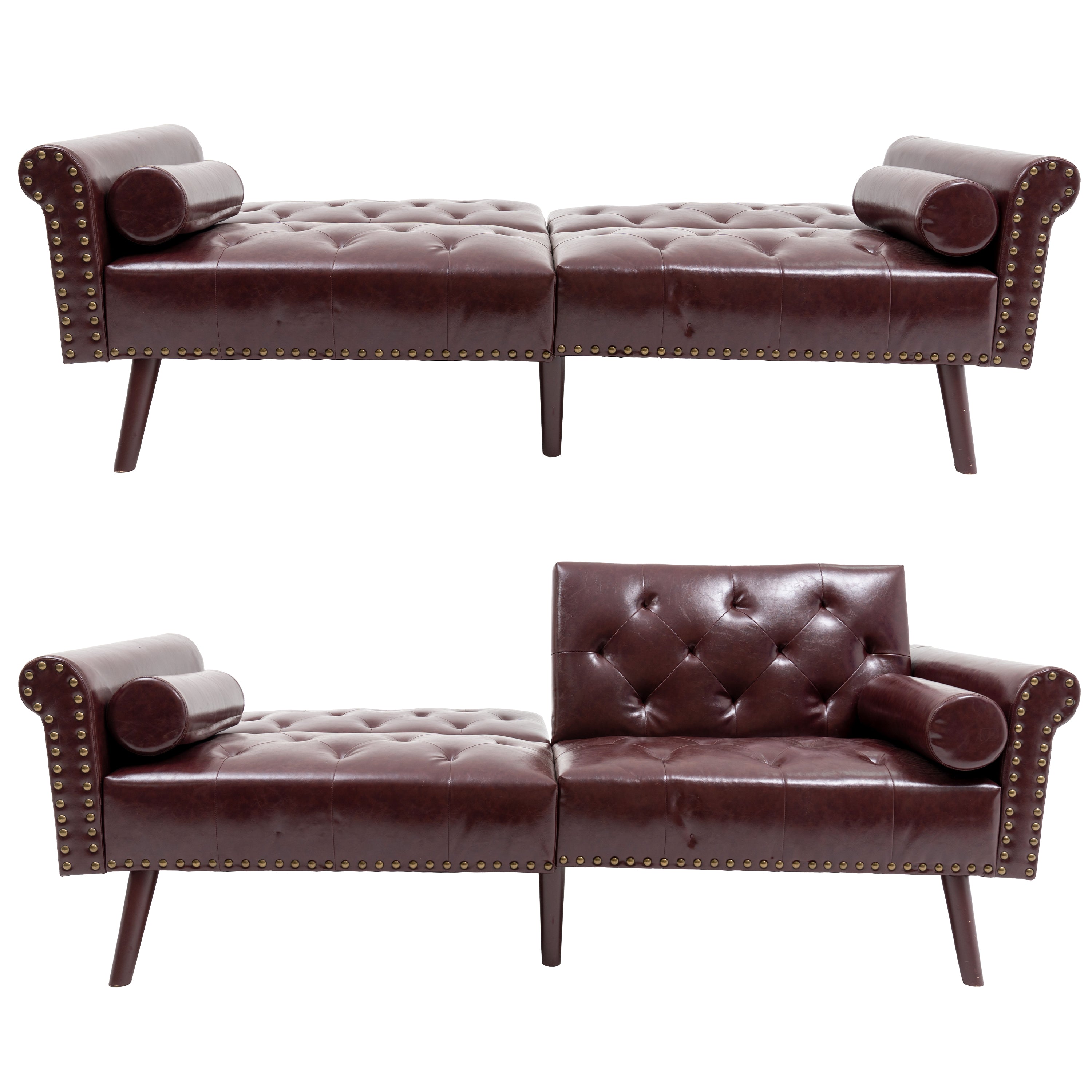 Brown PU Leather Convertible Sofa Bed Loveseat with 2 Pillows G858