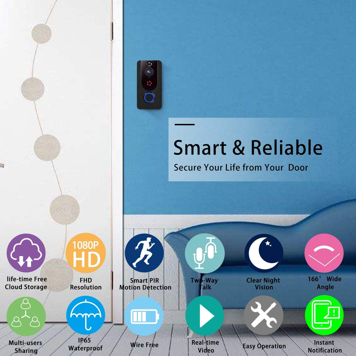 Wireless Doorbell Camera 1080P with Chime, PIR Motion Detection, IP65 Waterproof, 2-Way Audio M5475