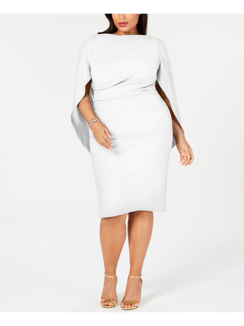 White Zippered Ruched Cape Sleeves V-back Round Neck Above The Knee Party Sheath Dress Plus 14W U108