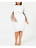 White Zippered Ruched Cape Sleeves V-back Round Neck Above The Knee Party Sheath Dress Plus 14W U108
