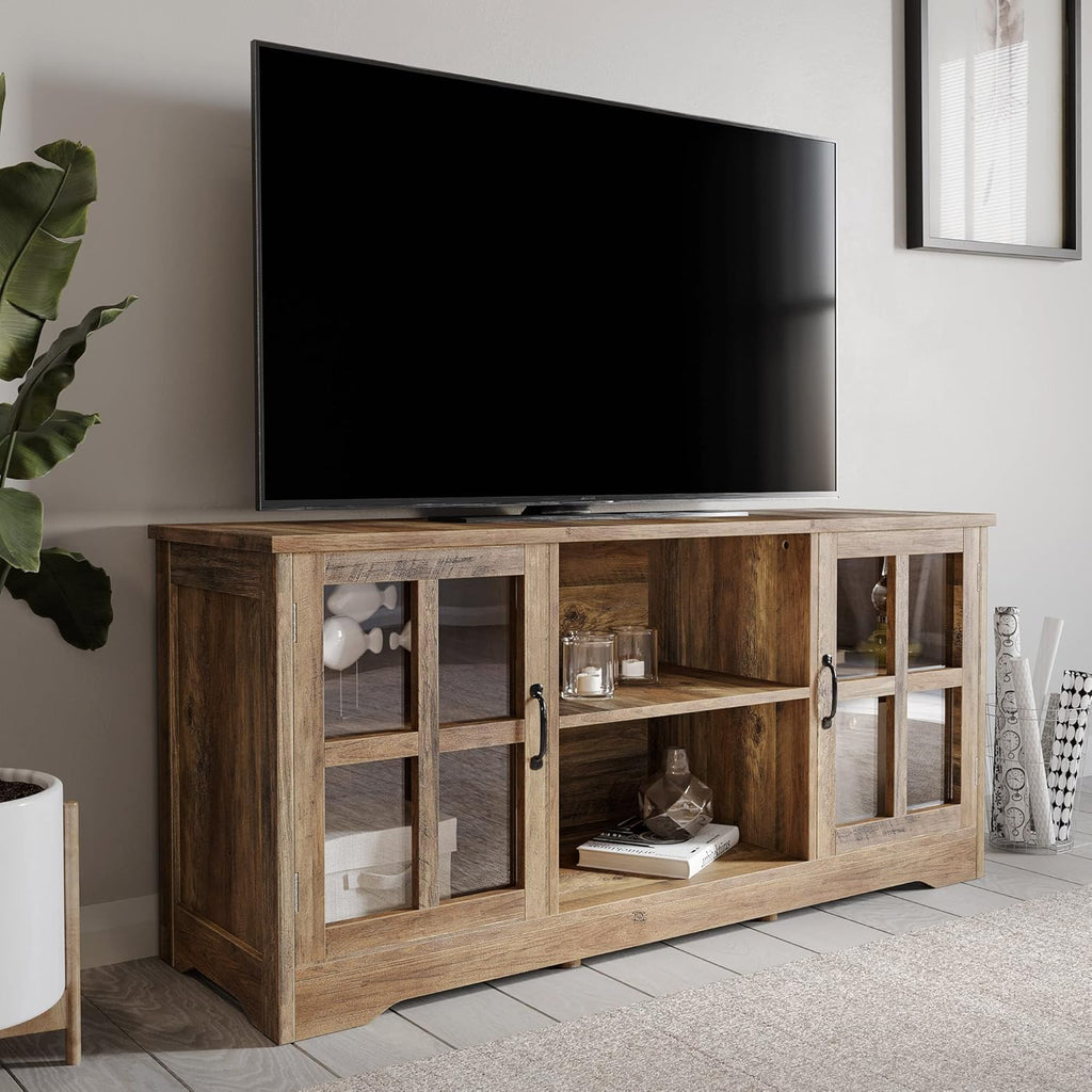 Gray Wash TV Stand with Wood Glass Storage Cabinets G4573