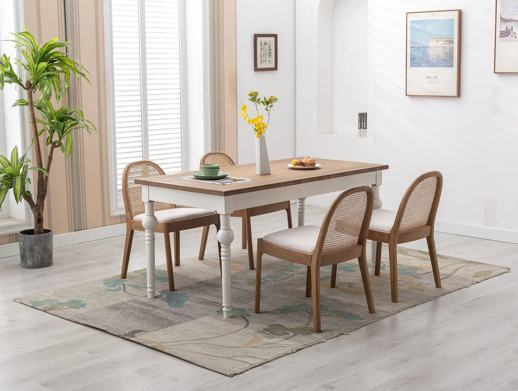 Beige Linen Upholstered Dining Chair Set of 2 with Rattan Back X24842