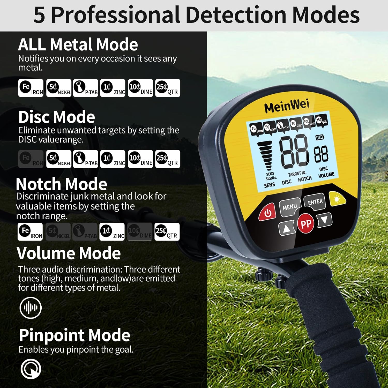 Waterproof Professional Metal Detector with LCD Display, 5 Mode, 10" Coil I809