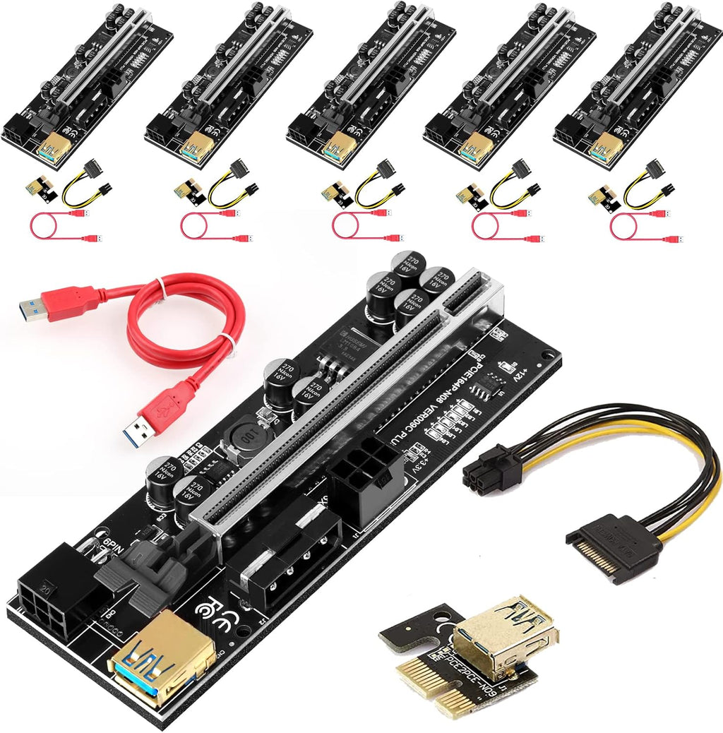 6 Pack PCI-E GPU Riser with 8 Solid Capacitors and LED Light, 1X to 16X, 60cm USB 3.0 Cable Z328