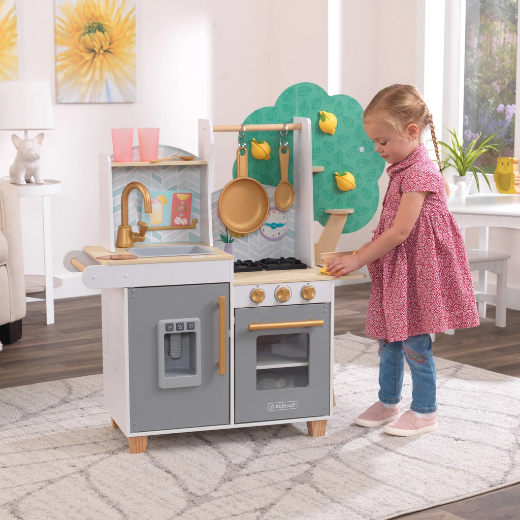 White Wooden Play Kitchen with 20-Piece Pretend Food Accessories C454