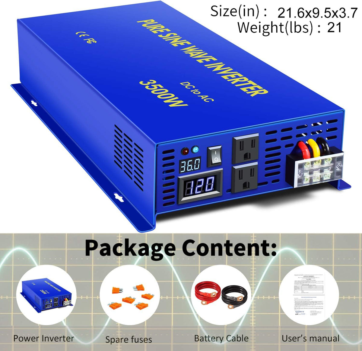 3500W Pure Sine Wave Power Inverter 36V DC to 120V AC with Wireless Remote Control A385