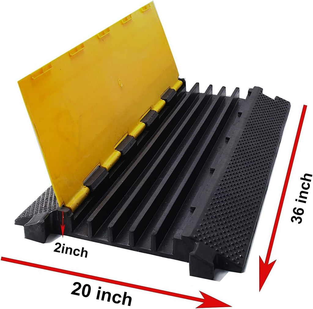 36x20x2” 5 Channel Rubber Cable Protector with Yellow Flip-Open Top Cover Q36915