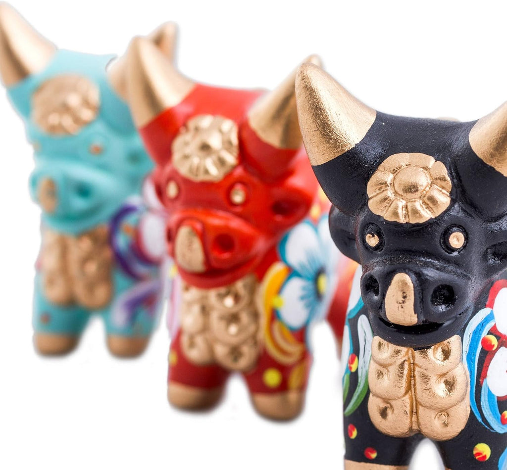 Red Black Turquoise Hand Painted Floral Ceramic Bull Figurines, Set of 3 C230820