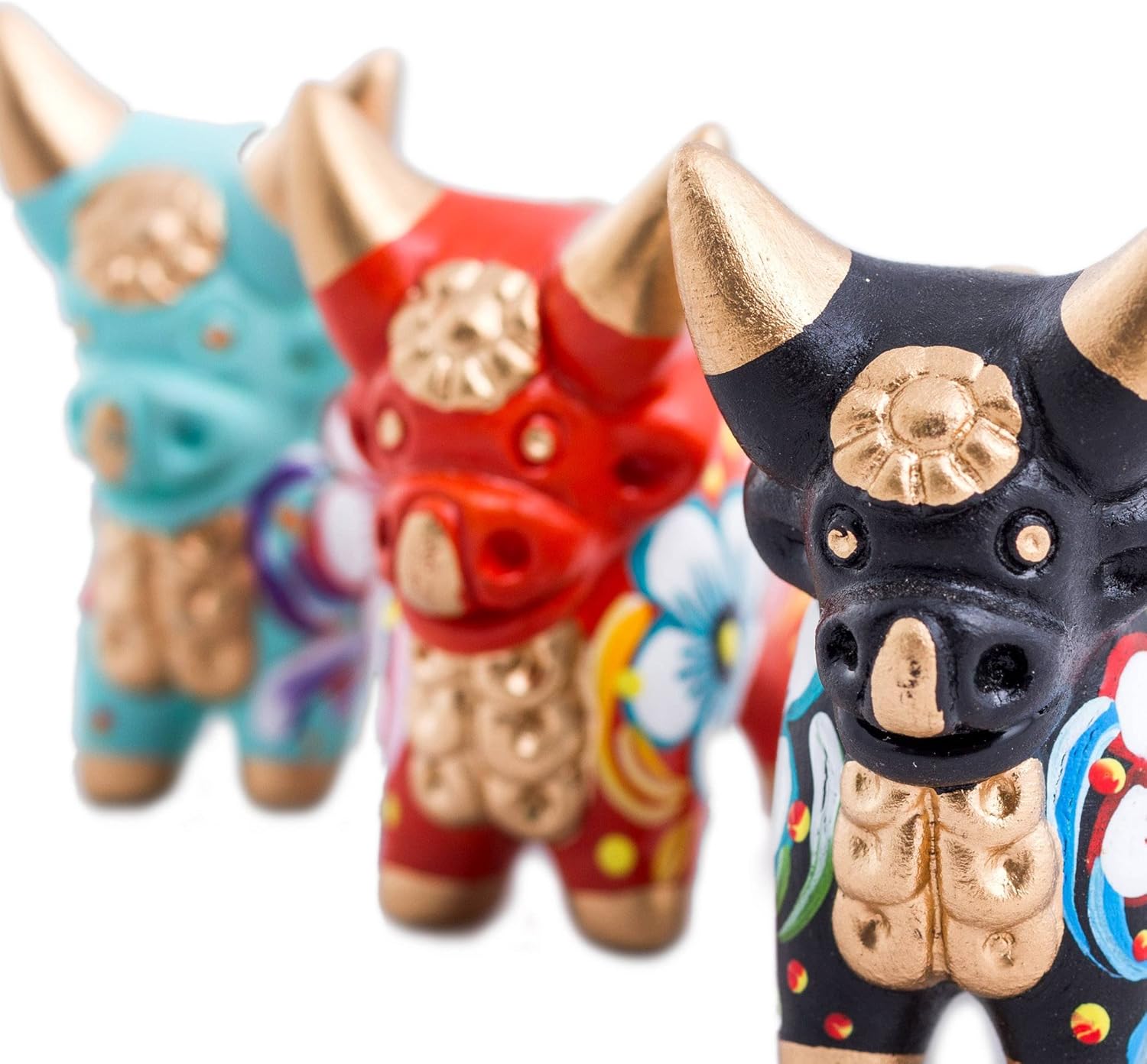 Red Black Turquoise Hand Painted Floral Ceramic Bull Figurines, Set of 3 C230820