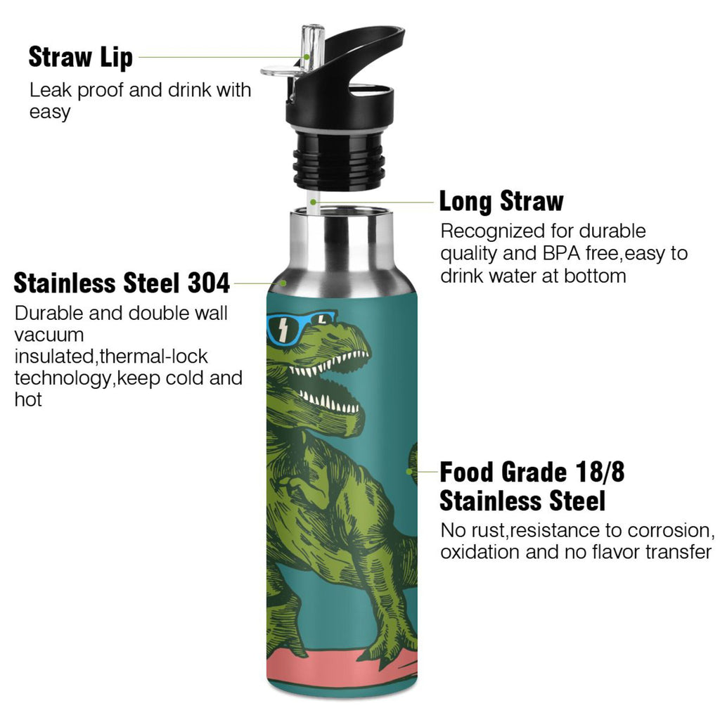 Dinosaur Green Stainless Steel Insulated Water Bottle with Straw Lid D366