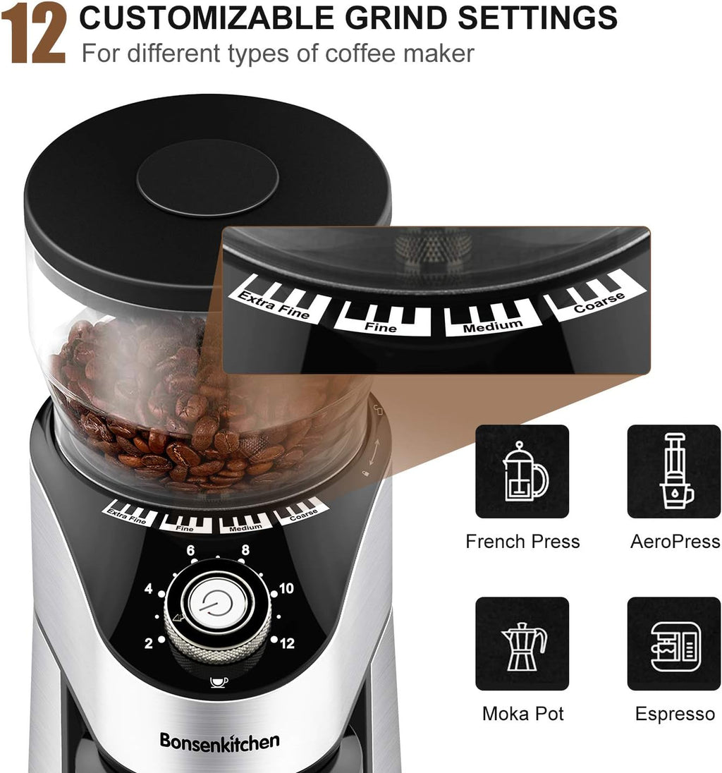 Stainless Steel Electric Conical Burr Coffee Grinder with 12 Grind Settings Y9543