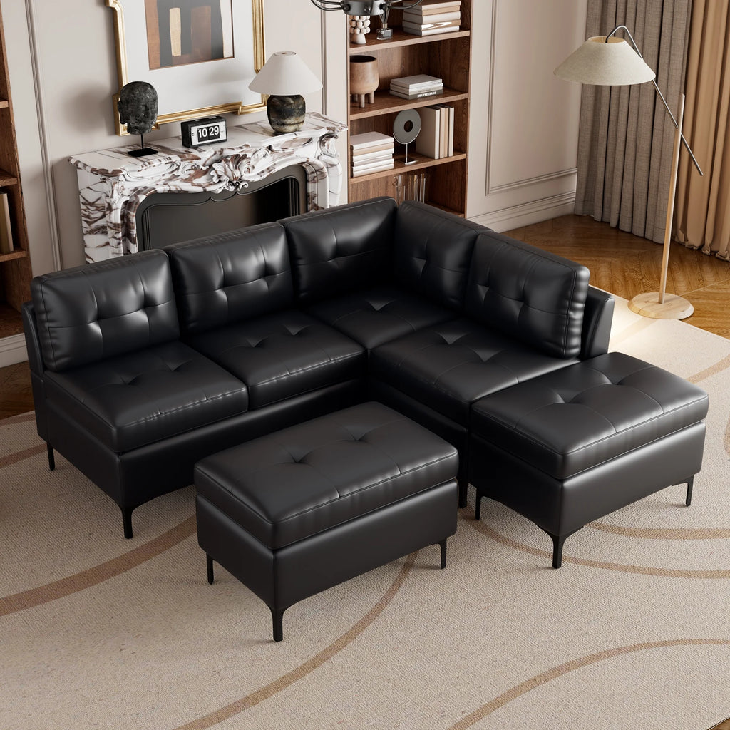Black PU Leather L-Shaped Corner Sectional Sofa with Movable Storage Ottomans M11904
