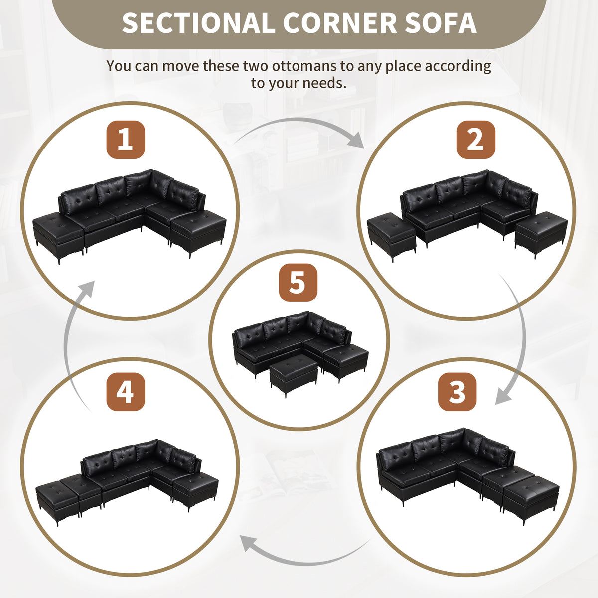Black PU Leather L-Shaped Corner Sectional Sofa with Movable Storage Ottomans M11904