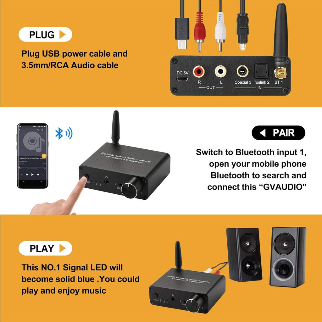 192kHz DAC Bluetooth 5.0 Receiver with Headphone Amplifier Optical/Coaxial to RCA 3.5mm Audio Output E673