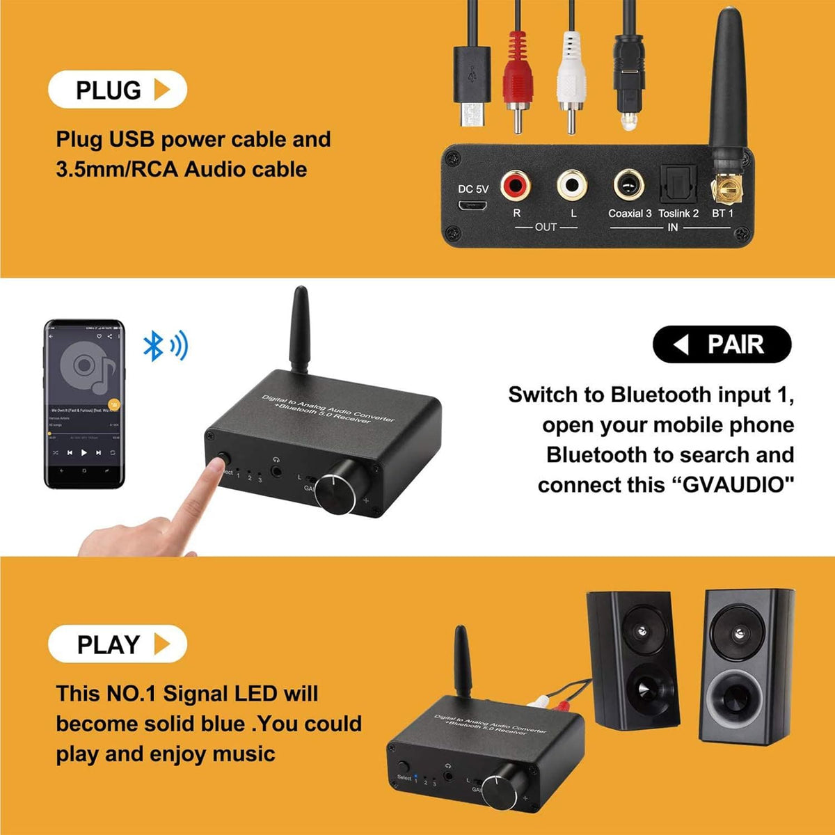 192kHz DAC Bluetooth 5.0 Receiver with Headphone Amplifier Optical/Coaxial to RCA 3.5mm Audio Output E673