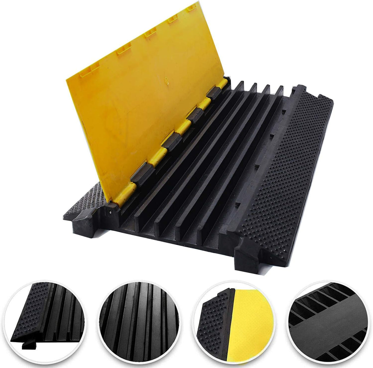 36x20x2” 5 Channel Rubber Cable Protector with Yellow Flip-Open Top Cover Q36915