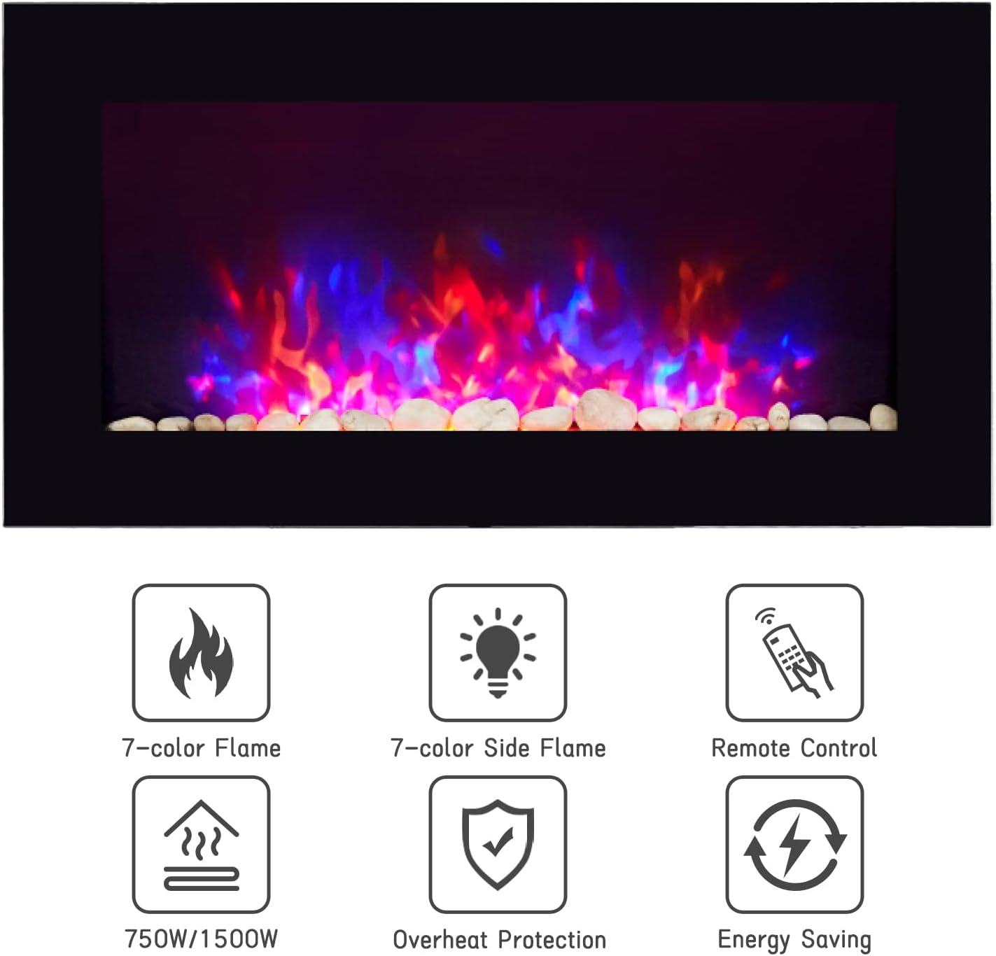 Black 36 Inch Wall-Mounted Electric Fireplace with Remote Control V9821