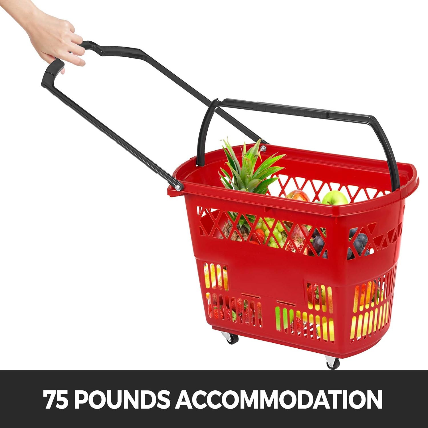 6PCS Red Plastic Rolling Shopping Basket Set with Handles V55990