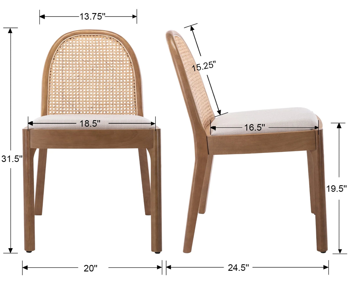 Beige Linen Upholstered Dining Chair Set of 2 with Rattan Back X24842