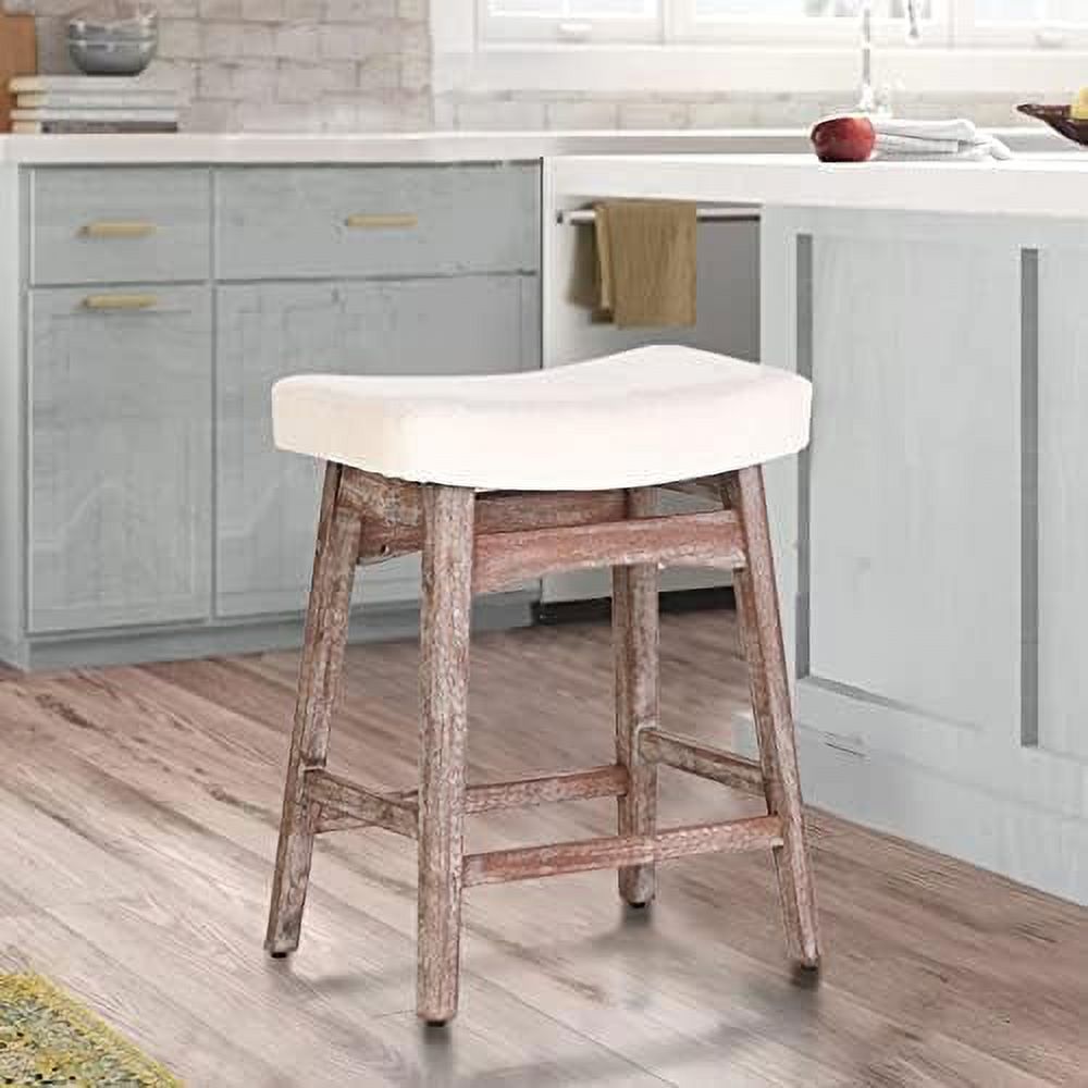 Solid Wood Saddle Kitchen Stool with Grey Linen Fabric Cushion Counter Height Barstool 24 Inch U606367