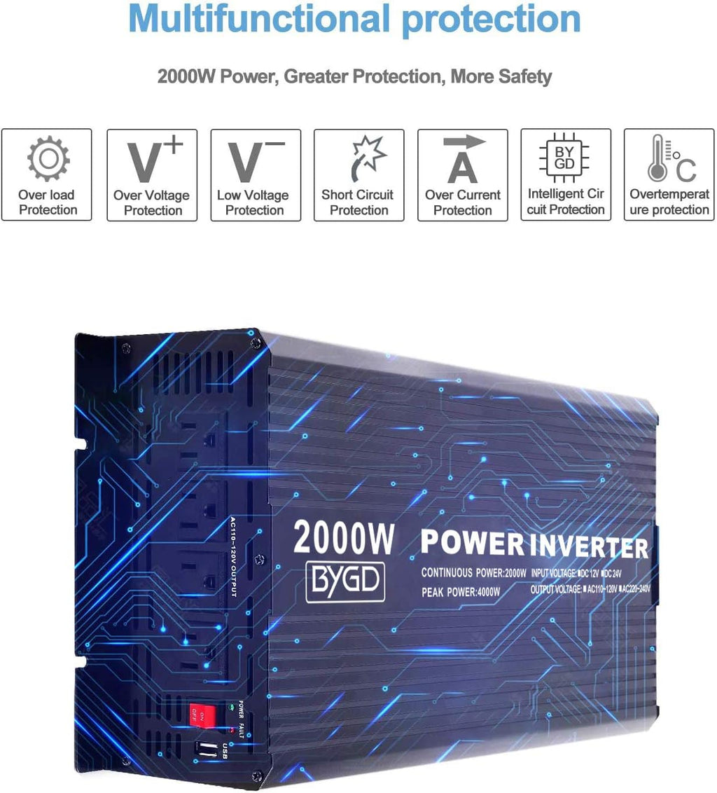 2000W Power Inverter 12V to 110V DC to AC Modified Sine Wave Inverter with 4 AC Outlets 2.1A USB Ports S34277