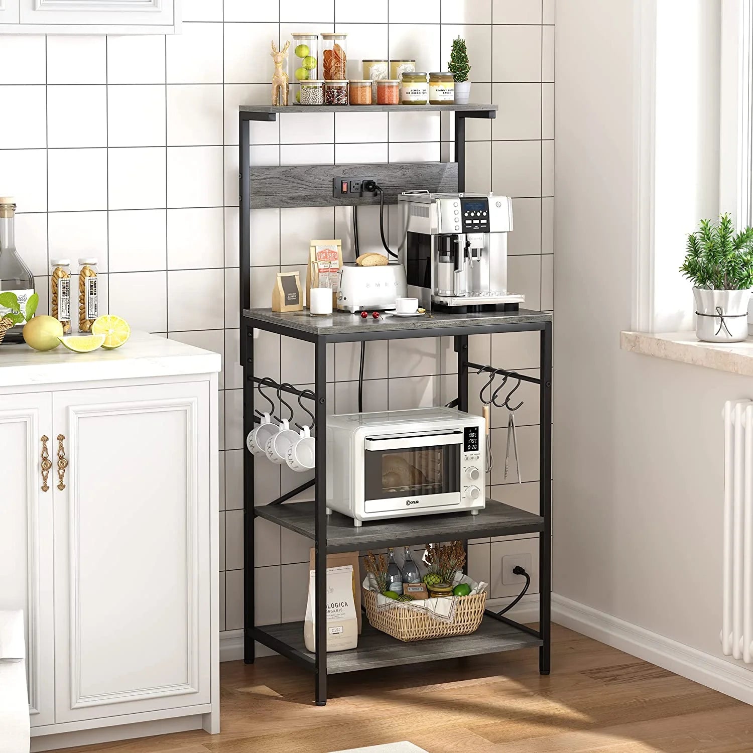 Charcoal Gray 4 Tiers Kitchen Bakers Rack with Power Outlet D323