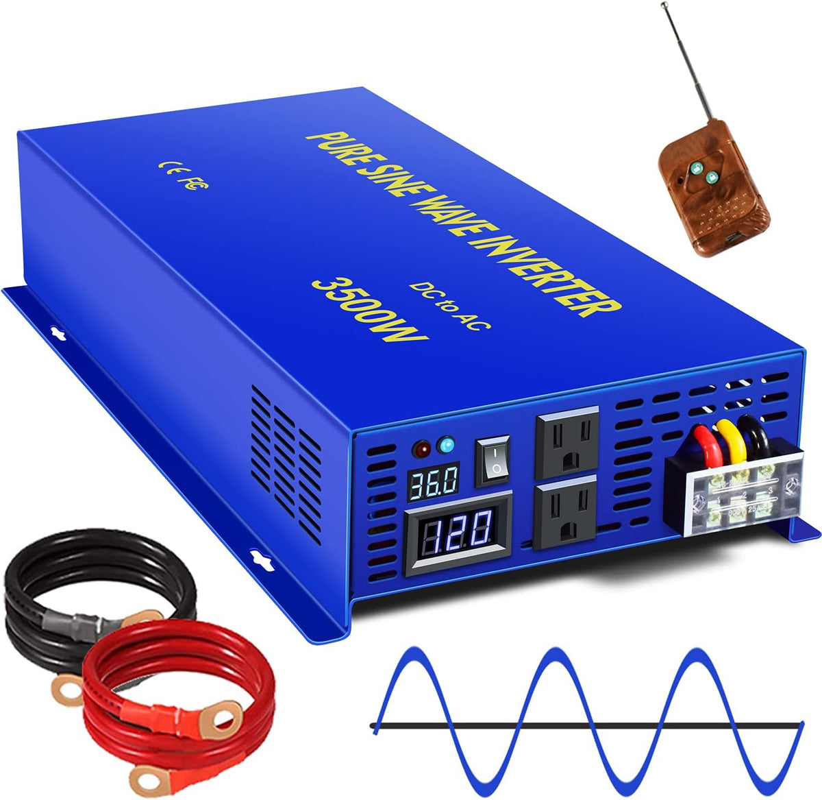 3500W Pure Sine Wave Power Inverter 36V DC to 120V AC with Wireless Remote Control A385