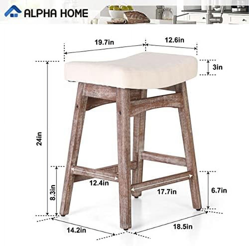 Solid Wood Saddle Kitchen Stool with Grey Linen Fabric Cushion Counter Height Barstool 24 Inch U606367