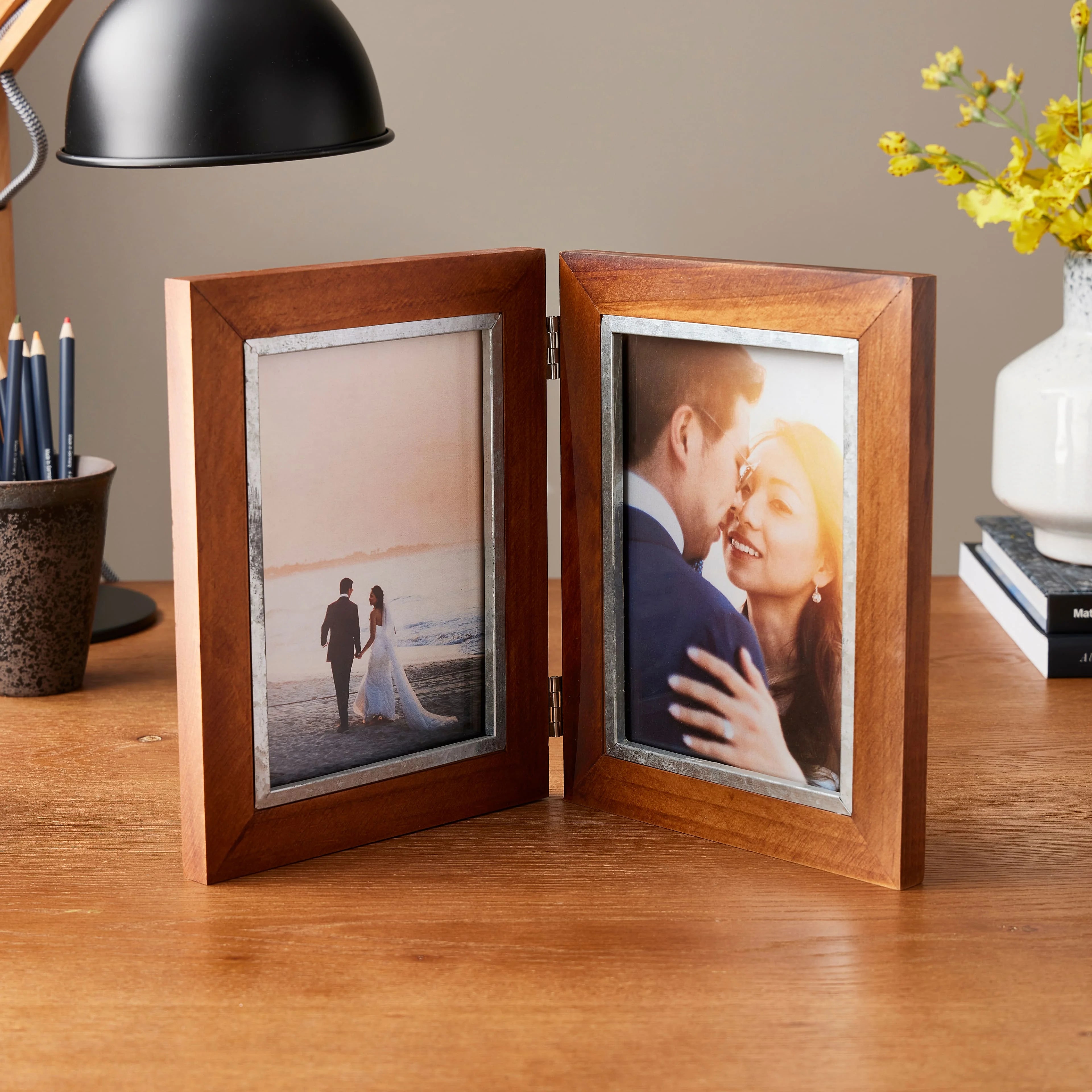 12 Pack 2 Opening Walnut & Silver 5" x 7" Hinged Frame Y204640
