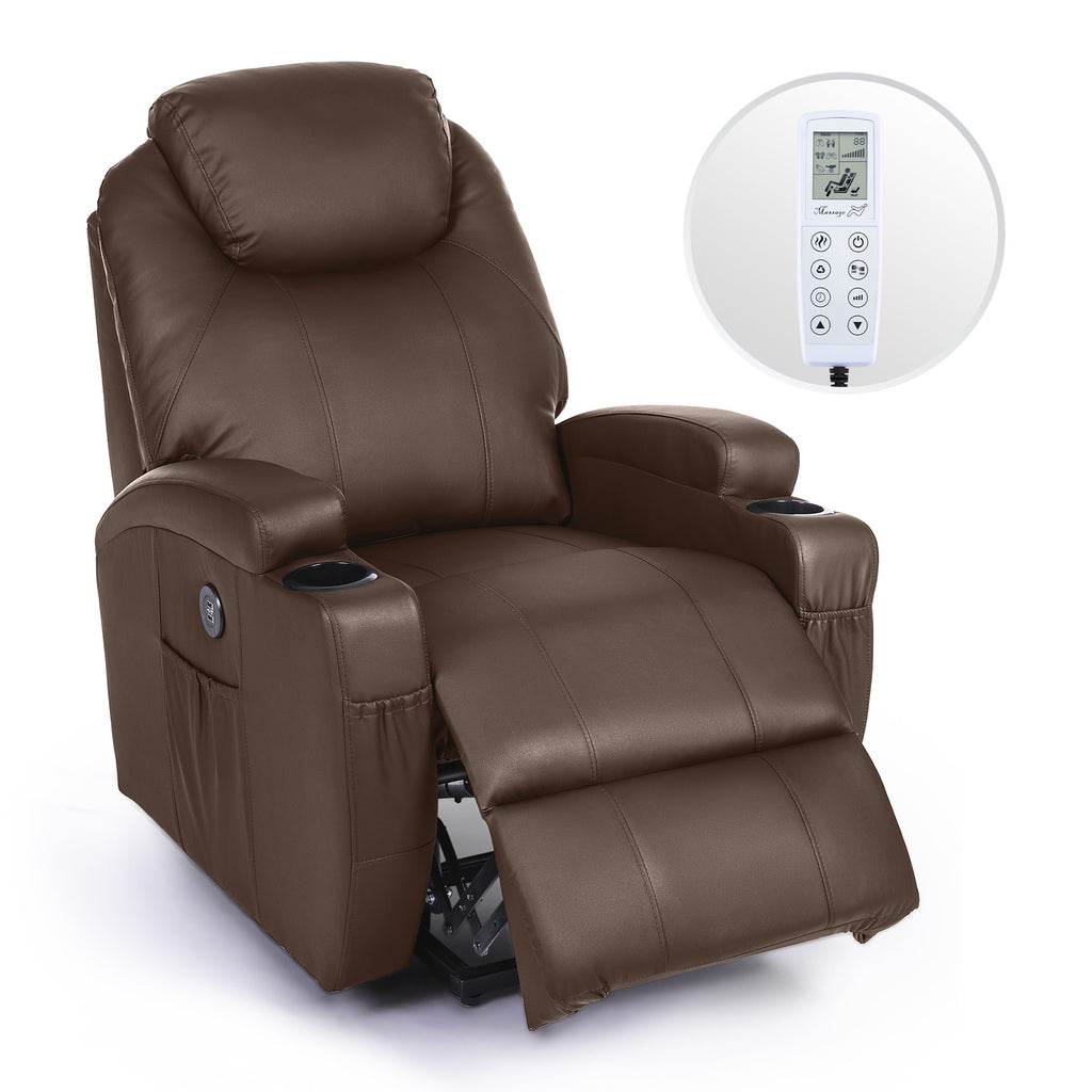 Brown Recliner Chair with Heated Massage Footrest Cup Holders USB Port F51294
