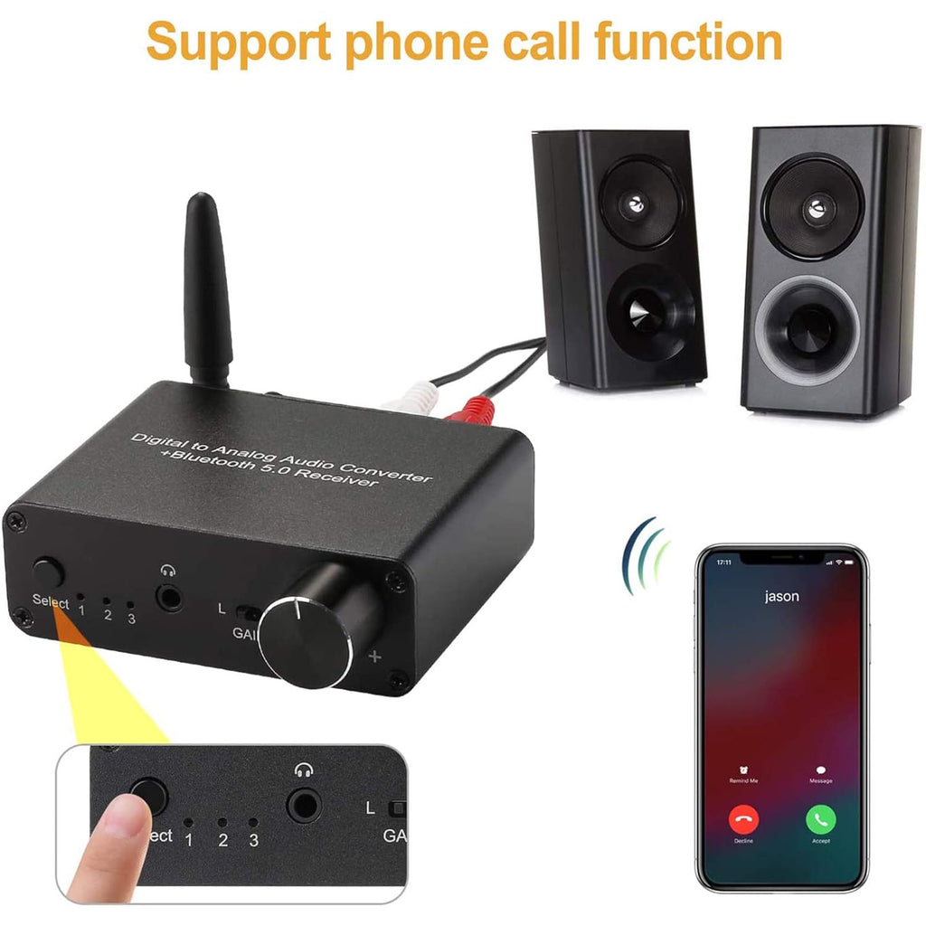 192kHz DAC Bluetooth 5.0 Receiver with Headphone Amplifier Optical/Coaxial to RCA 3.5mm Audio Output E673