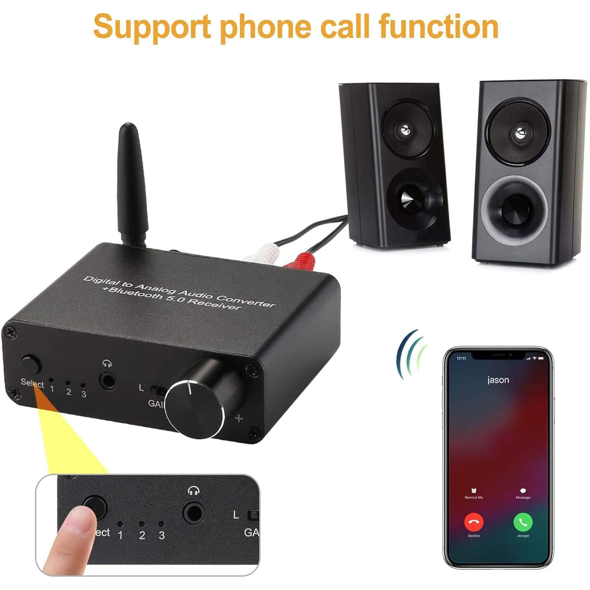 192kHz DAC Bluetooth 5.0 Receiver with Headphone Amplifier Optical/Coaxial to RCA 3.5mm Audio Output E673