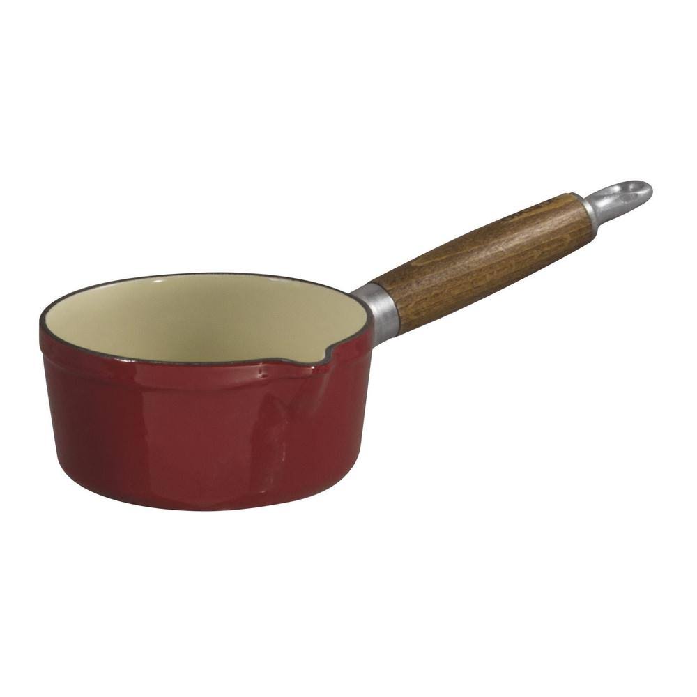 Red Enameled Cast Iron Sauce Pan with Spout and Wood Handle G941846