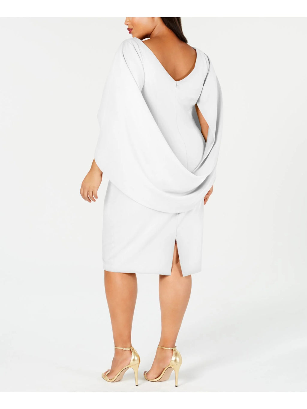 White Zippered Ruched Cape Sleeves V-back Round Neck Above The Knee Party Sheath Dress Plus 14W U108