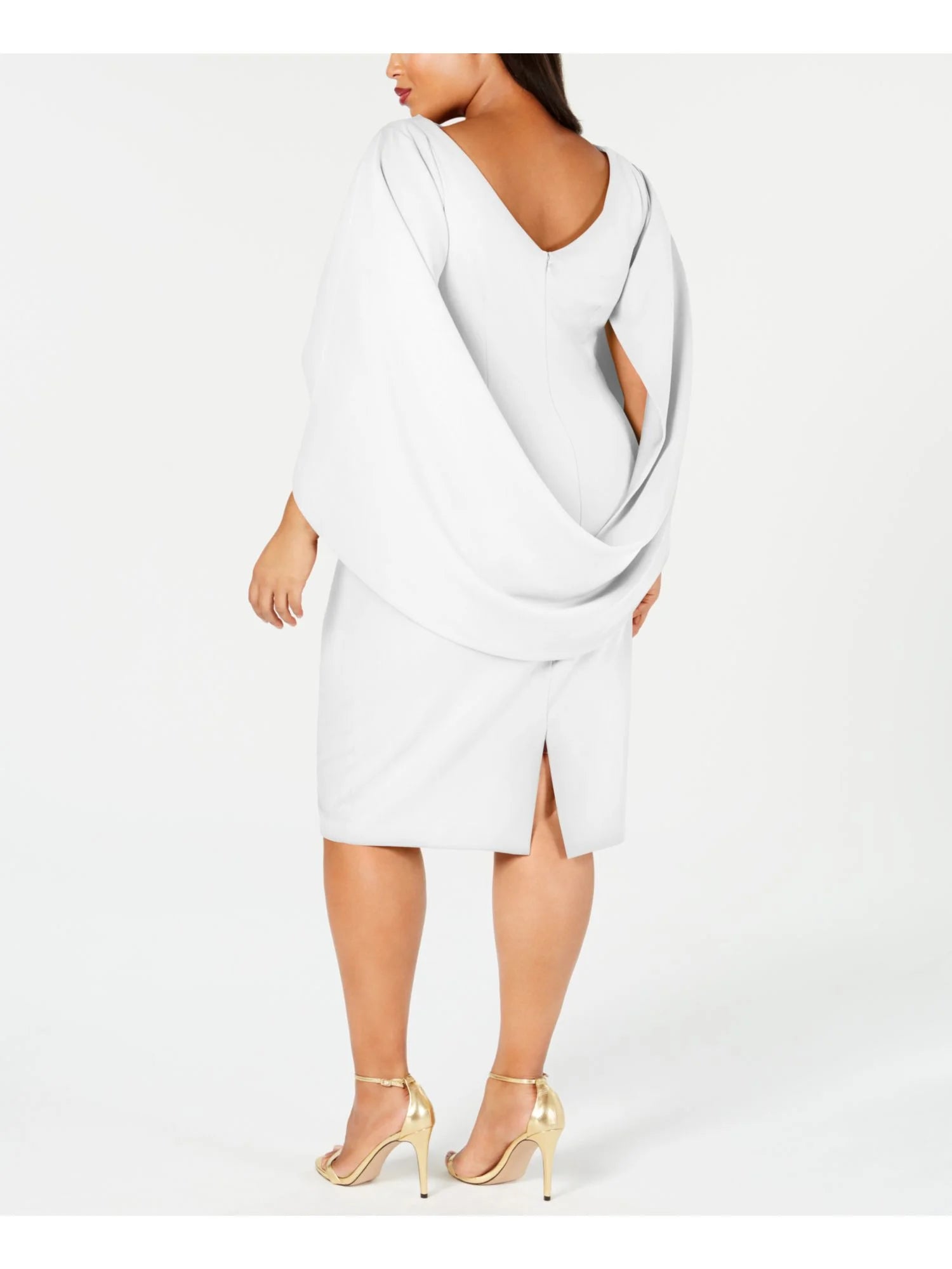 White Zippered Ruched Cape Sleeves V-back Round Neck Above The Knee Party Sheath Dress Plus 14W U108